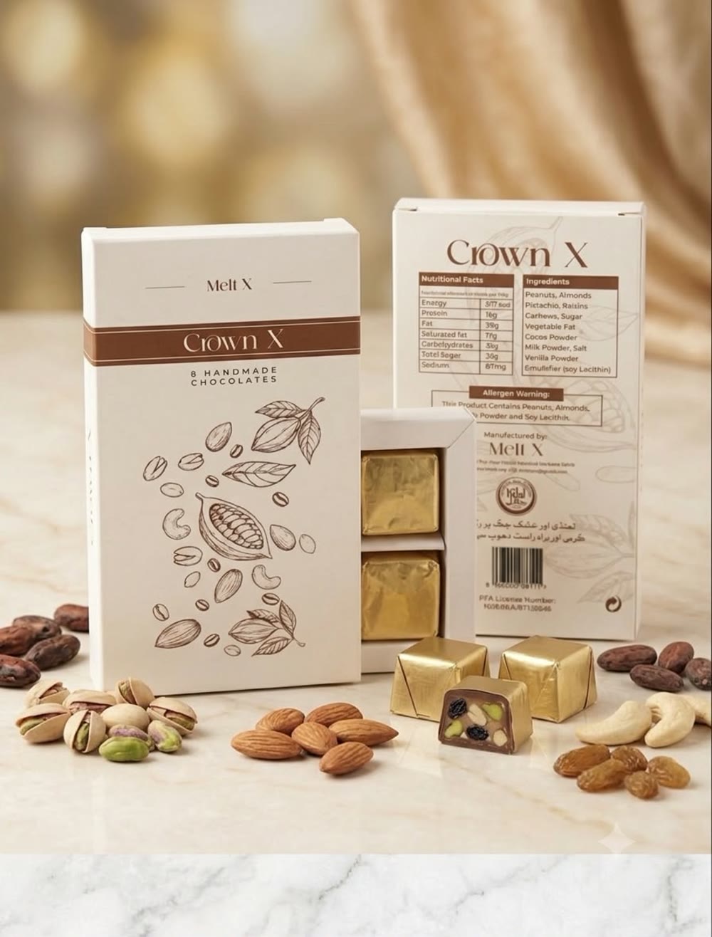 A crownX box beside its back panel on a warm gold backdrop, an opened chocolate showing the pistachio and nut filling