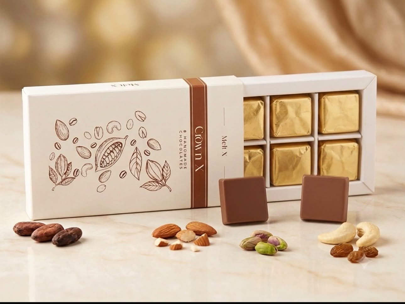 An open crownX box on marble, gold-wrapped cubes in the tray with cocoa beans, almonds, pistachios and cashews scattered around it