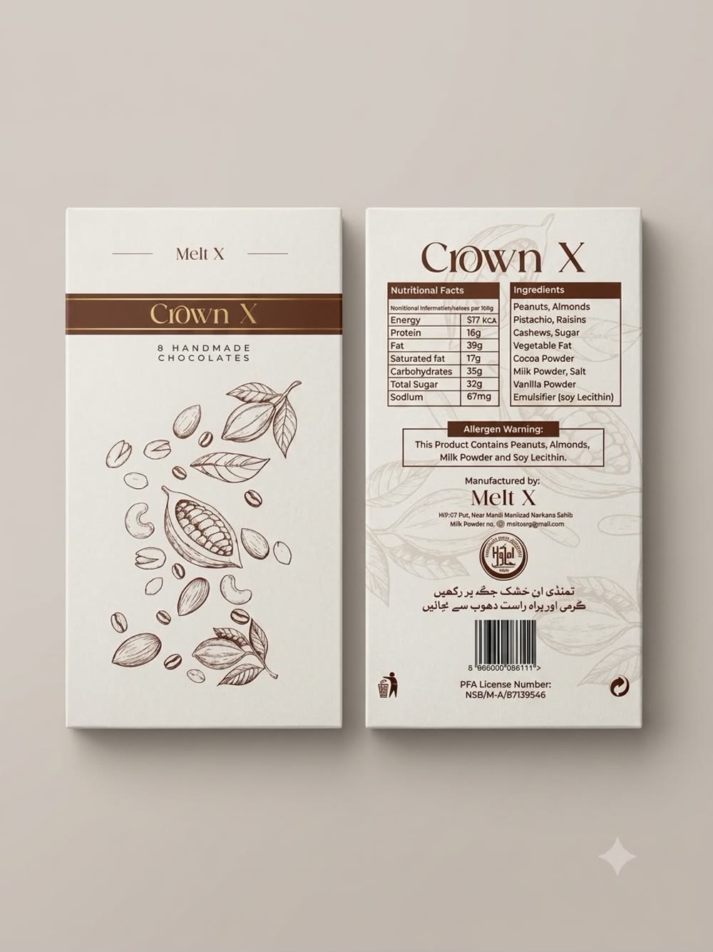 The front and back of the crownX box side by side, the back panel listing nutrition facts and ingredients