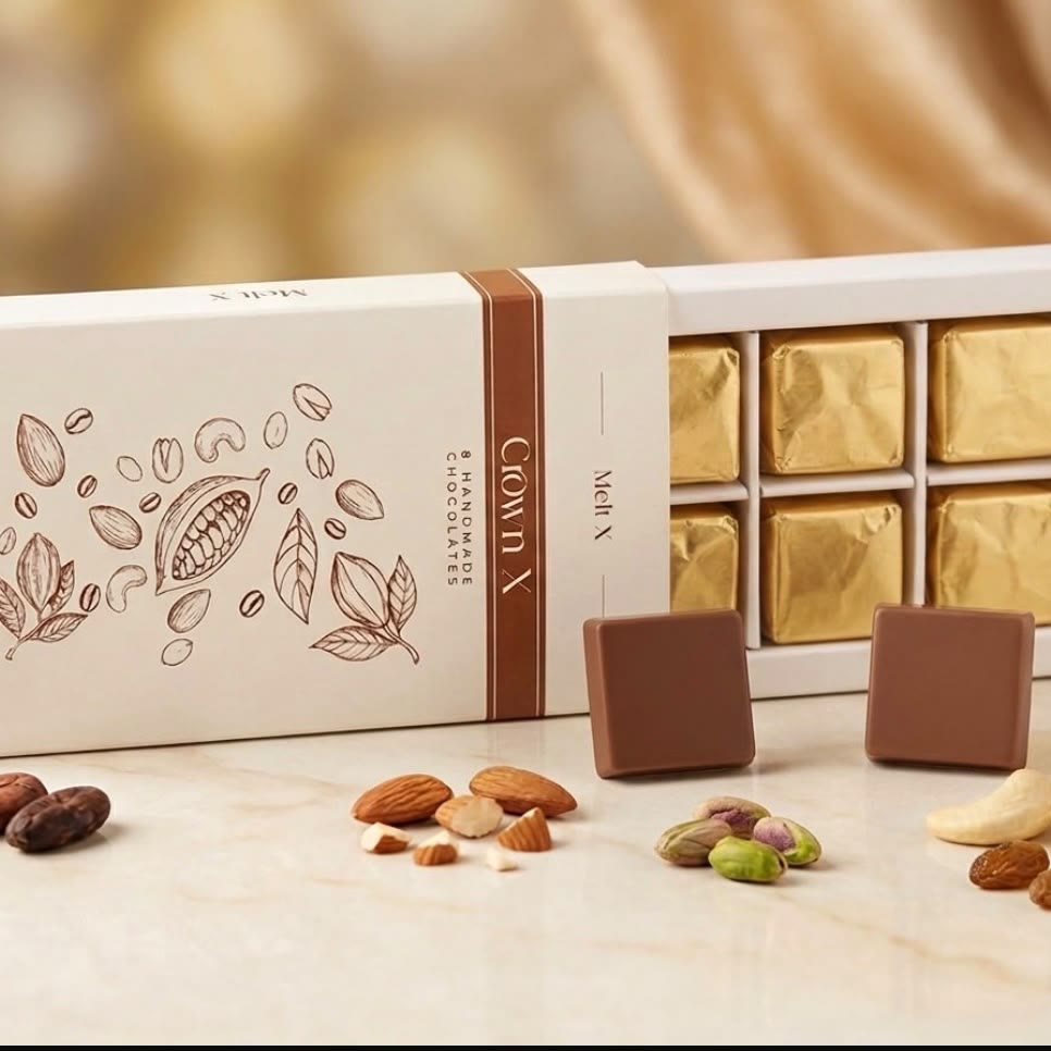 A crownX box open on marble, its eight gold-wrapped cubes in the tray with two unwrapped cubes and mixed nuts in front
