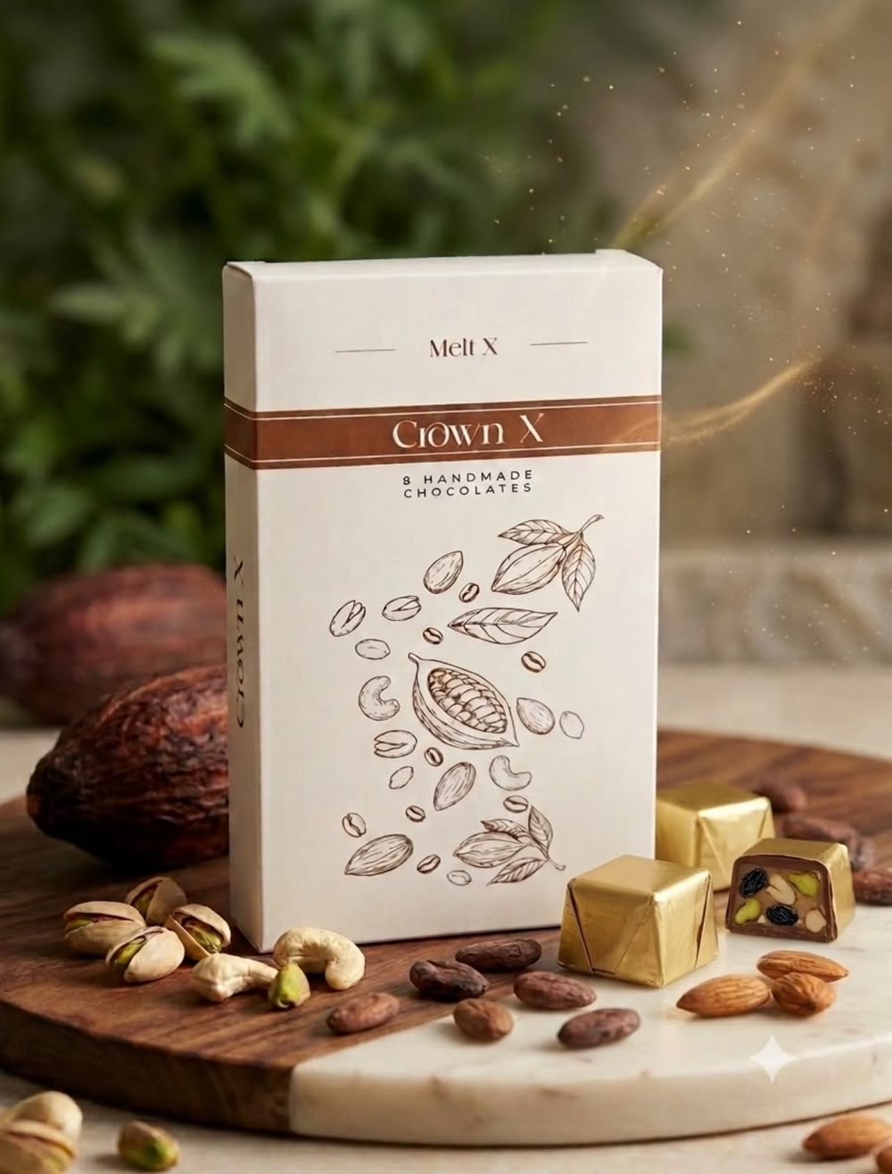 A standing crownX box on a wood-and-marble board with pistachios, almonds, cashews and a cocoa pod, one chocolate open to show the nut filling